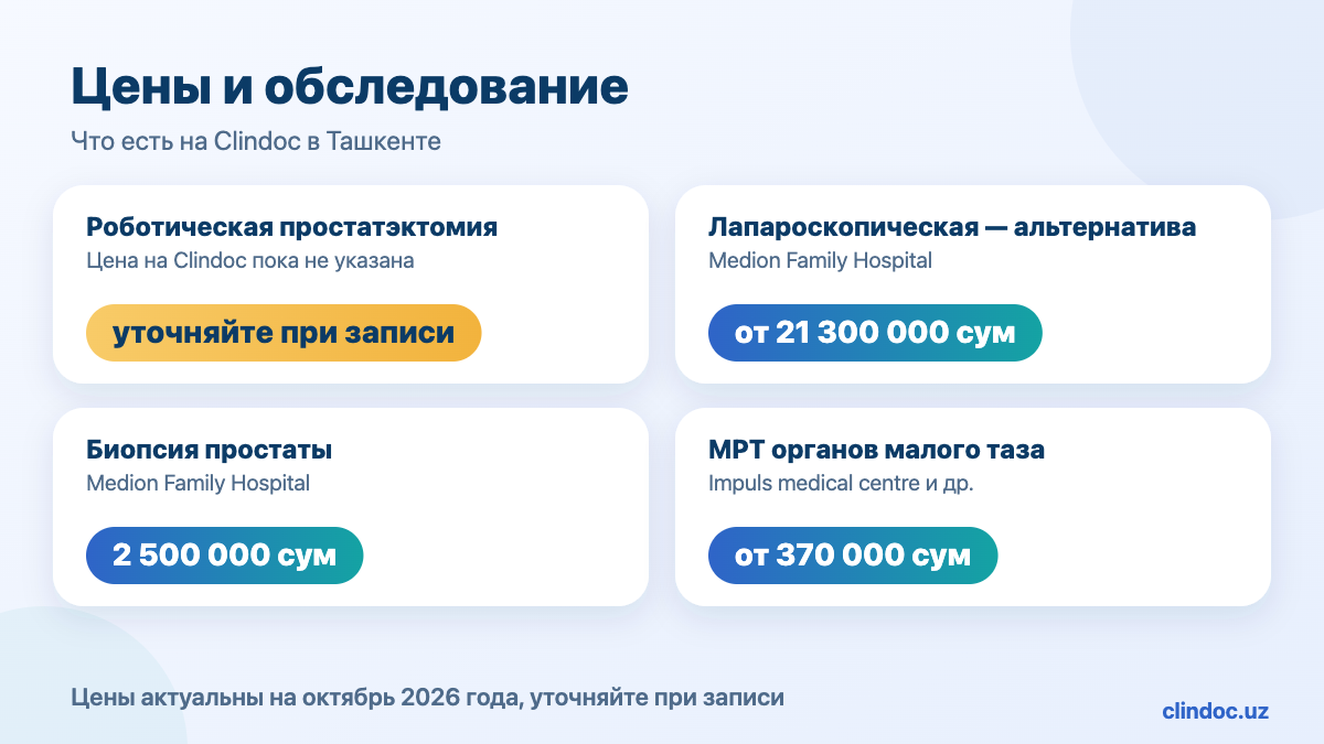 Цены на роботизированную простатэктомию и обследование в Ташкенте