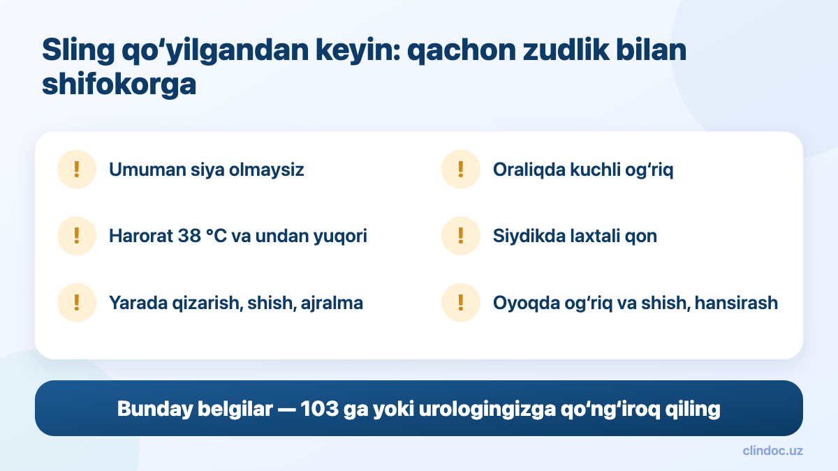 Sling o‘rnatilgandan keyingi xavfli belgilar — qachon shifokorga