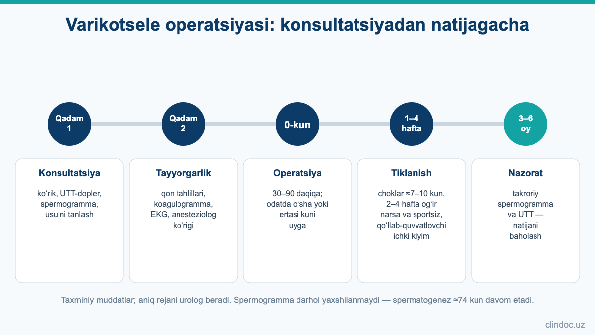 Varikotsele operatsiyasi: konsultatsiyadan 3–6 oydan keyingi spermogramma nazoratigacha bosqichlar