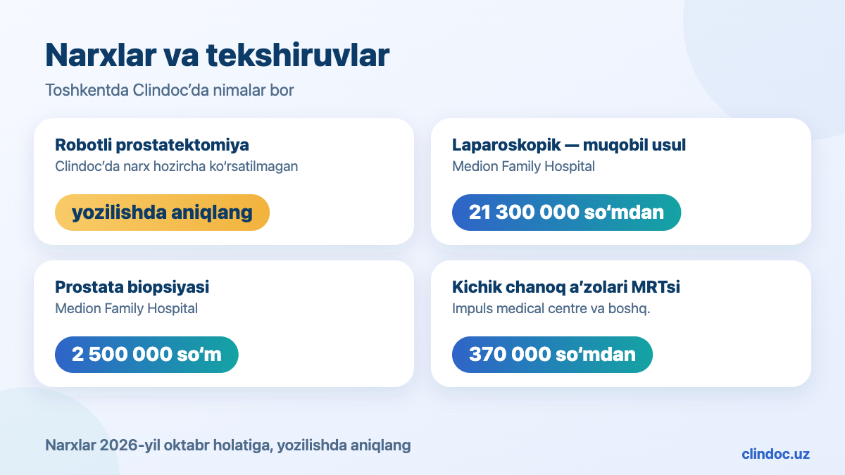 Toshkentda robotli prostatektomiya va tekshiruv narxlari